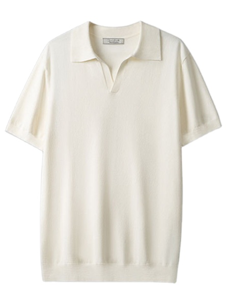 Lapel No Button 100% Cotton Ivory White Polo Shirt High-end Business Casual Slim Knit V-neck Short Sleeve Men&#39;s T-shirt